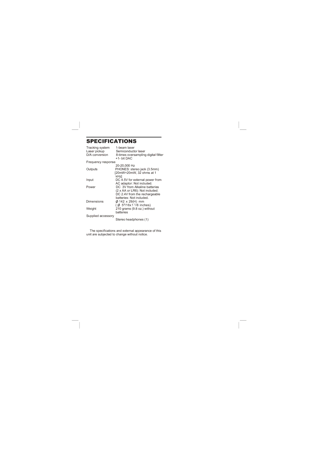 Sylvania SCD152 operating instructions Specifications 