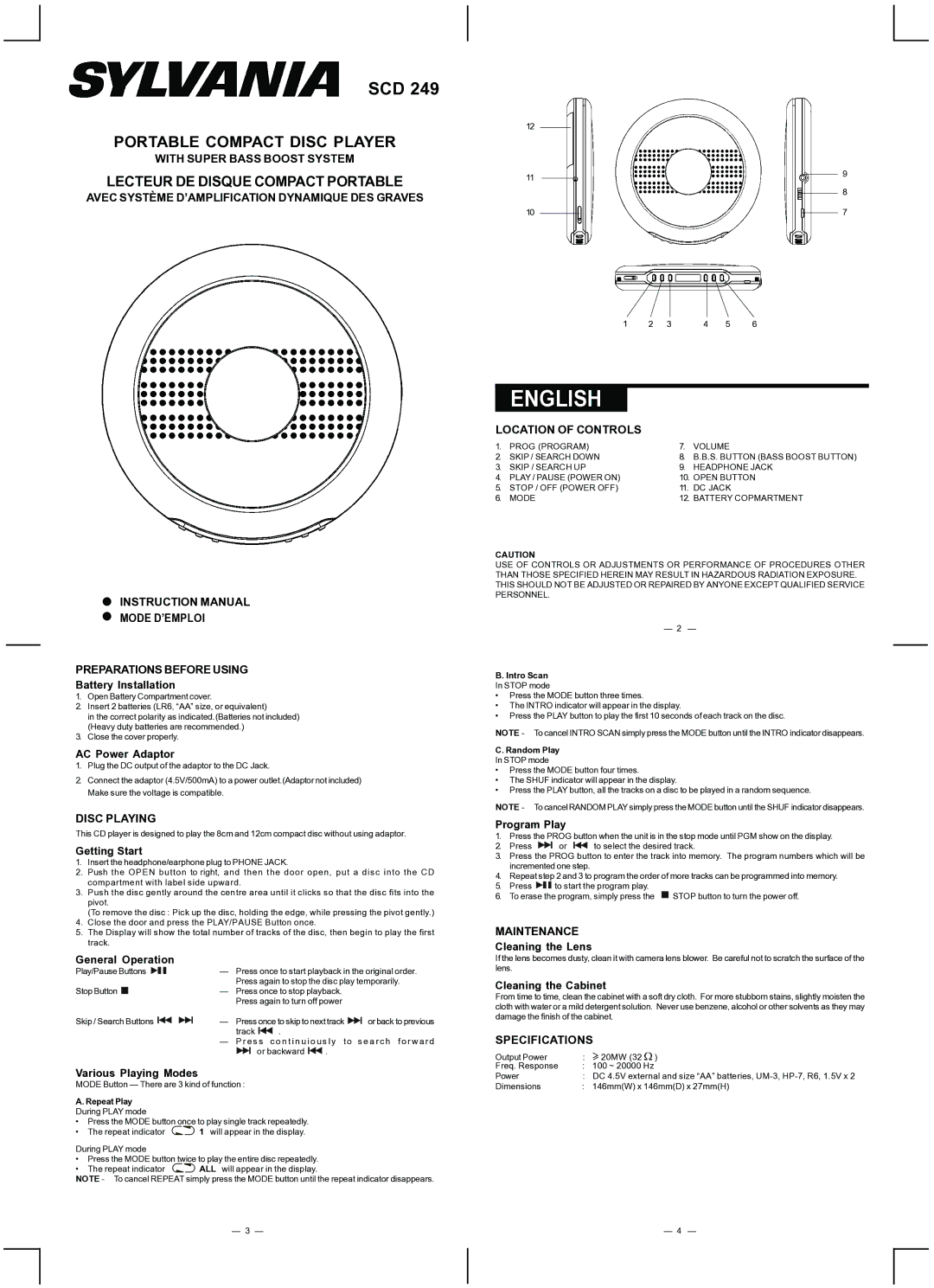 Sylvania SCD249 instruction manual With Super Bass Boost System, Mode D’EMPLOI Preparations Before Using, Disc Playing 