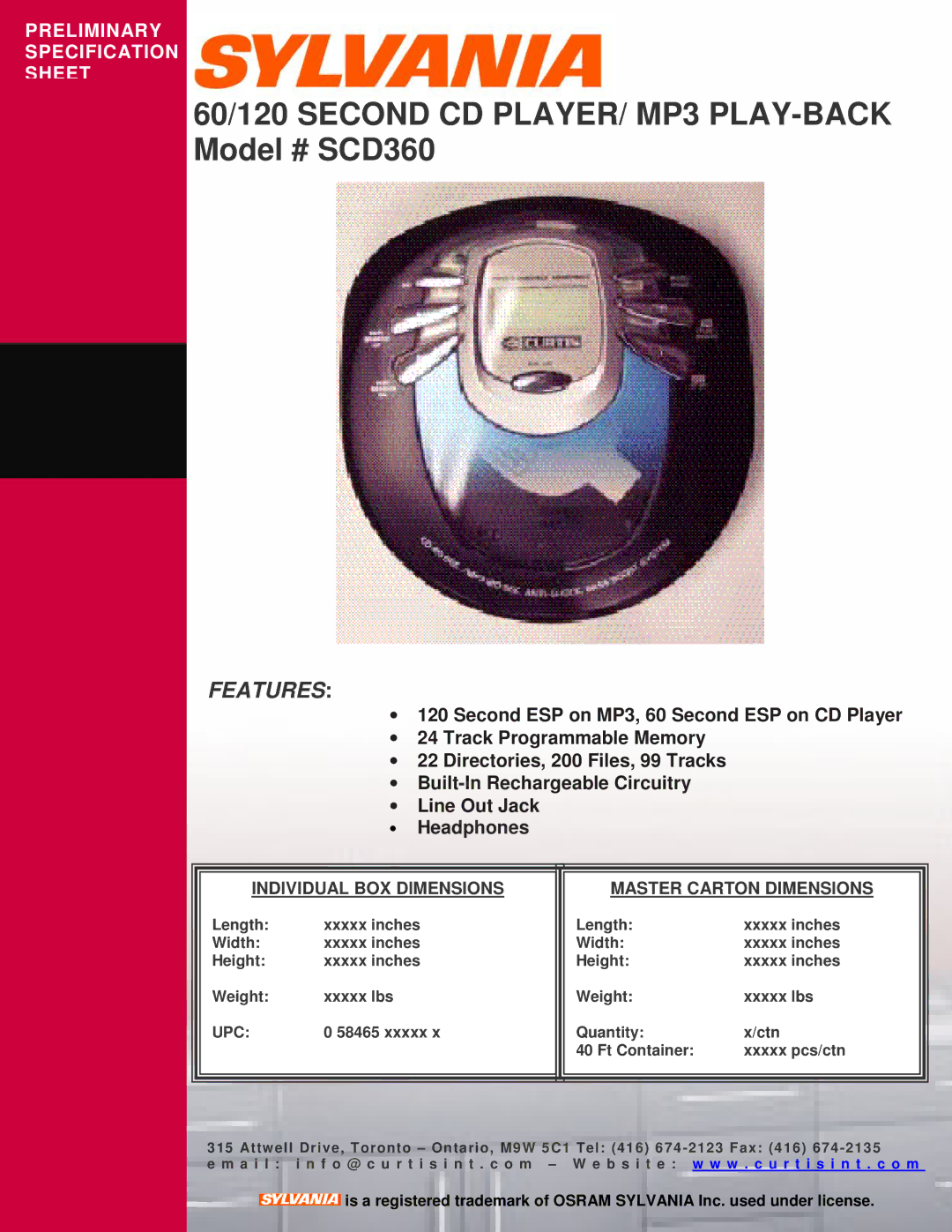 Sylvania specifications 60/120 Second CD PLAYER/ MP3 PLAY-BACK Model # SCD360, Features, Upc 