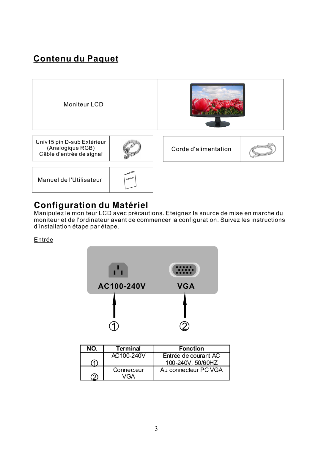 Sylvania SCM2001, SCM2201, SCM2401, SCM1901 user manual Contenu du Paquet, Configuration du Matériel 