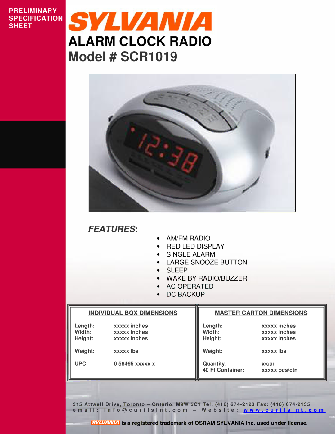 Sylvania specifications Alarm Clock Radio, Model # SCR1019, Features, Upc 