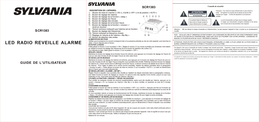 Sylvania SCR1383 manual LED Radio Reveille Alarme 