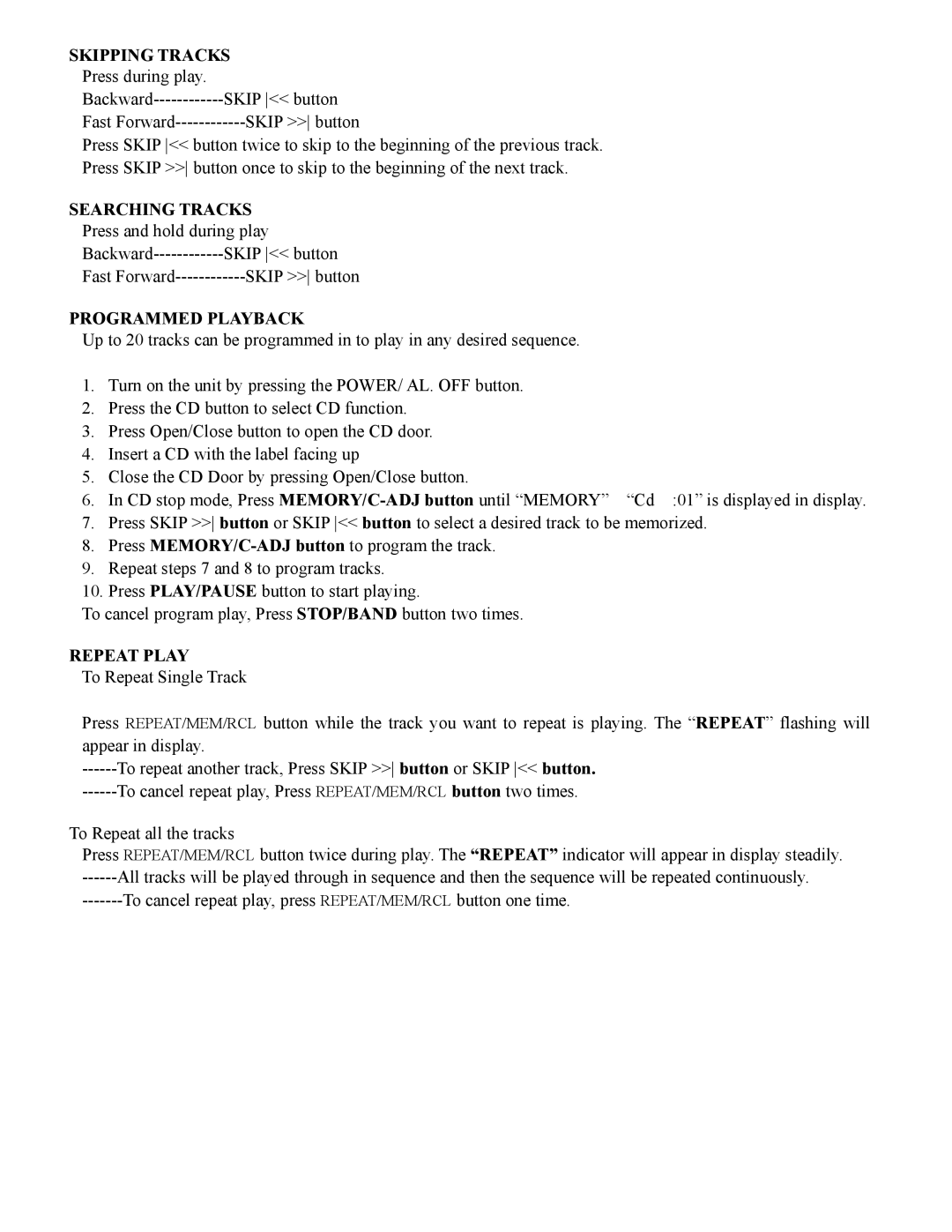 Sylvania SCR2608 operating instructions Skipping Tracks, Searching Tracks, Programmed Playback, Repeat Play 