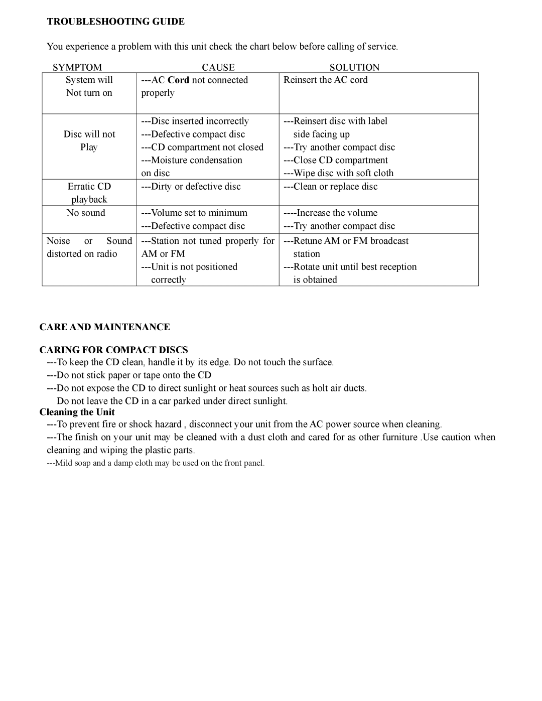 Sylvania SCR2608 Troubleshooting Guide, Care and Maintenance Caring for Compact Discs, Cleaning the Unit 