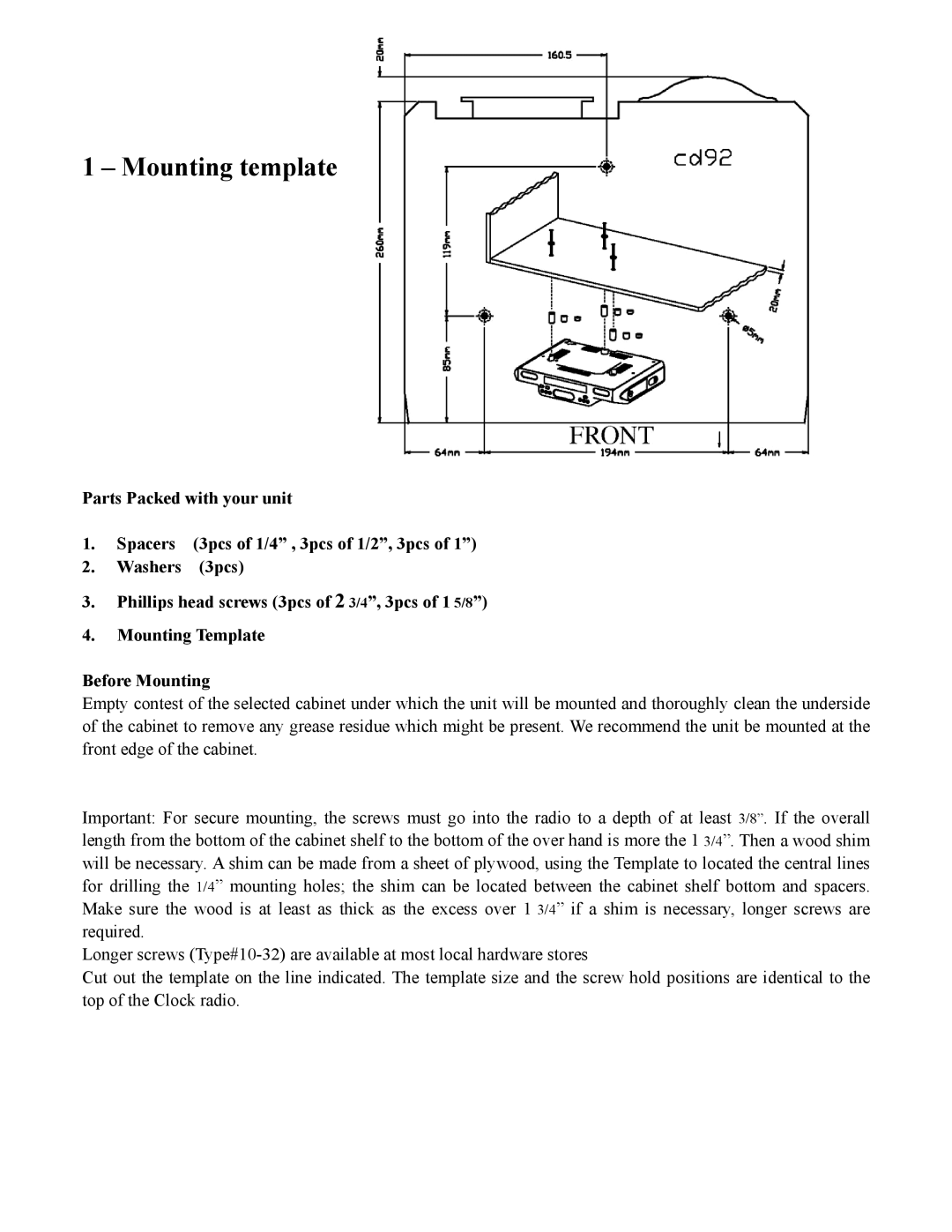 Sylvania SCR2608 operating instructions Mounting template 