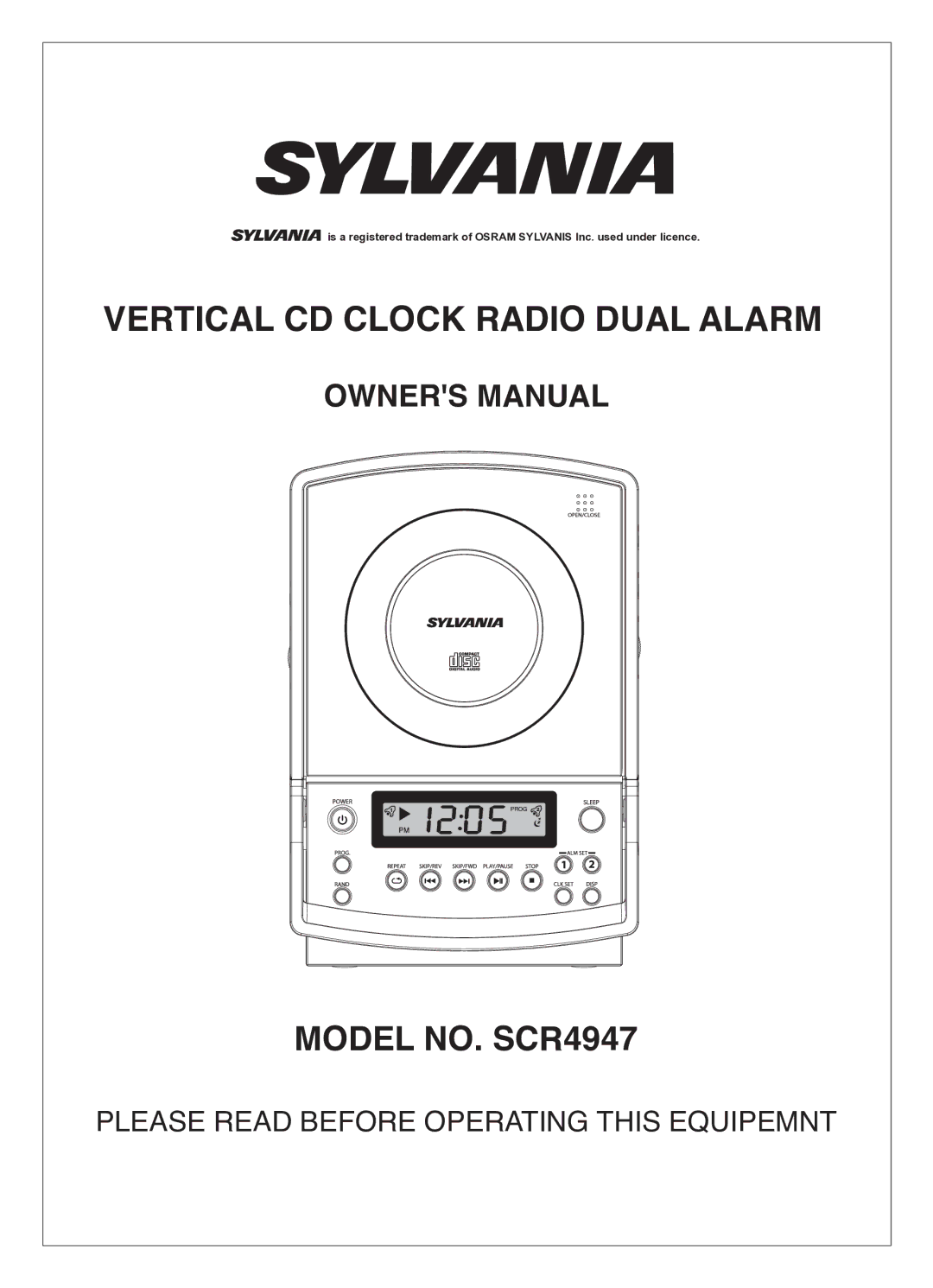 Sylvania SCR4947 owner manual Vertical CD Clock Radio Dual Alarm 