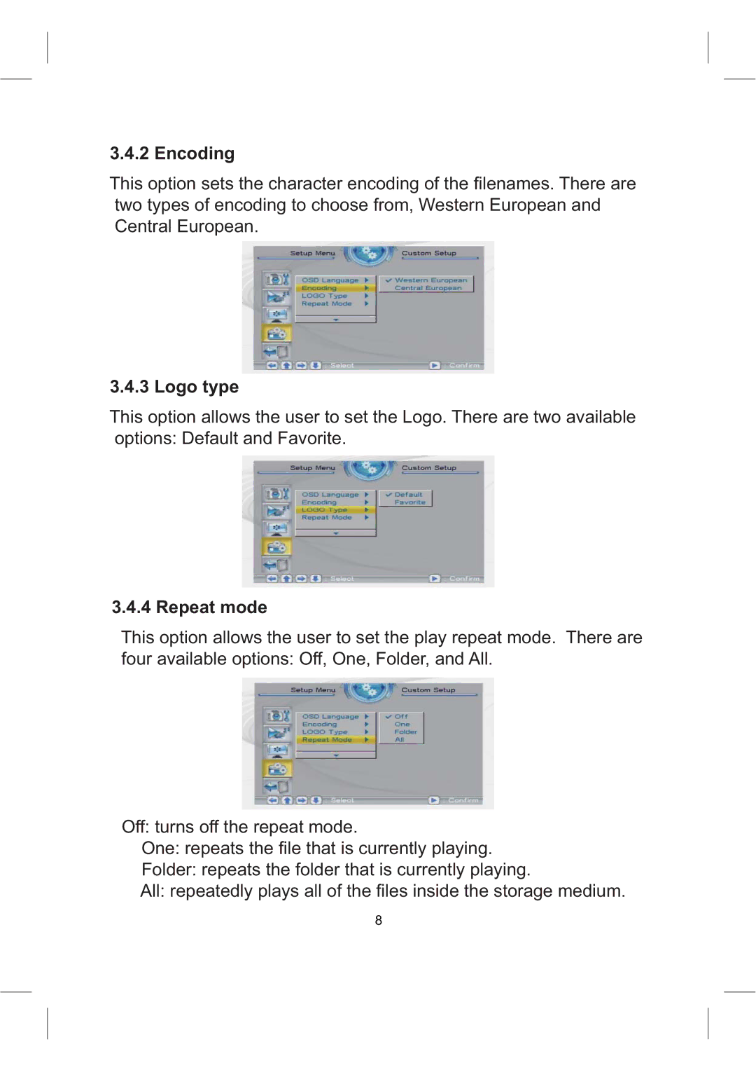 Sylvania SDPF1008 user manual Encoding, Logo type, Repeat mode 