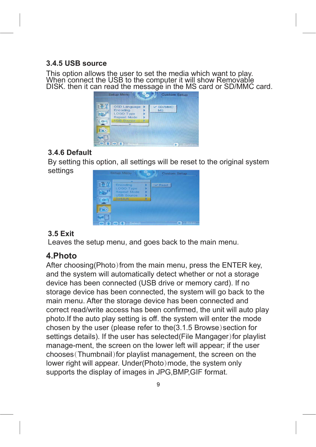 Sylvania SDPF1008 user manual Photo, USB source, Default, Exit 