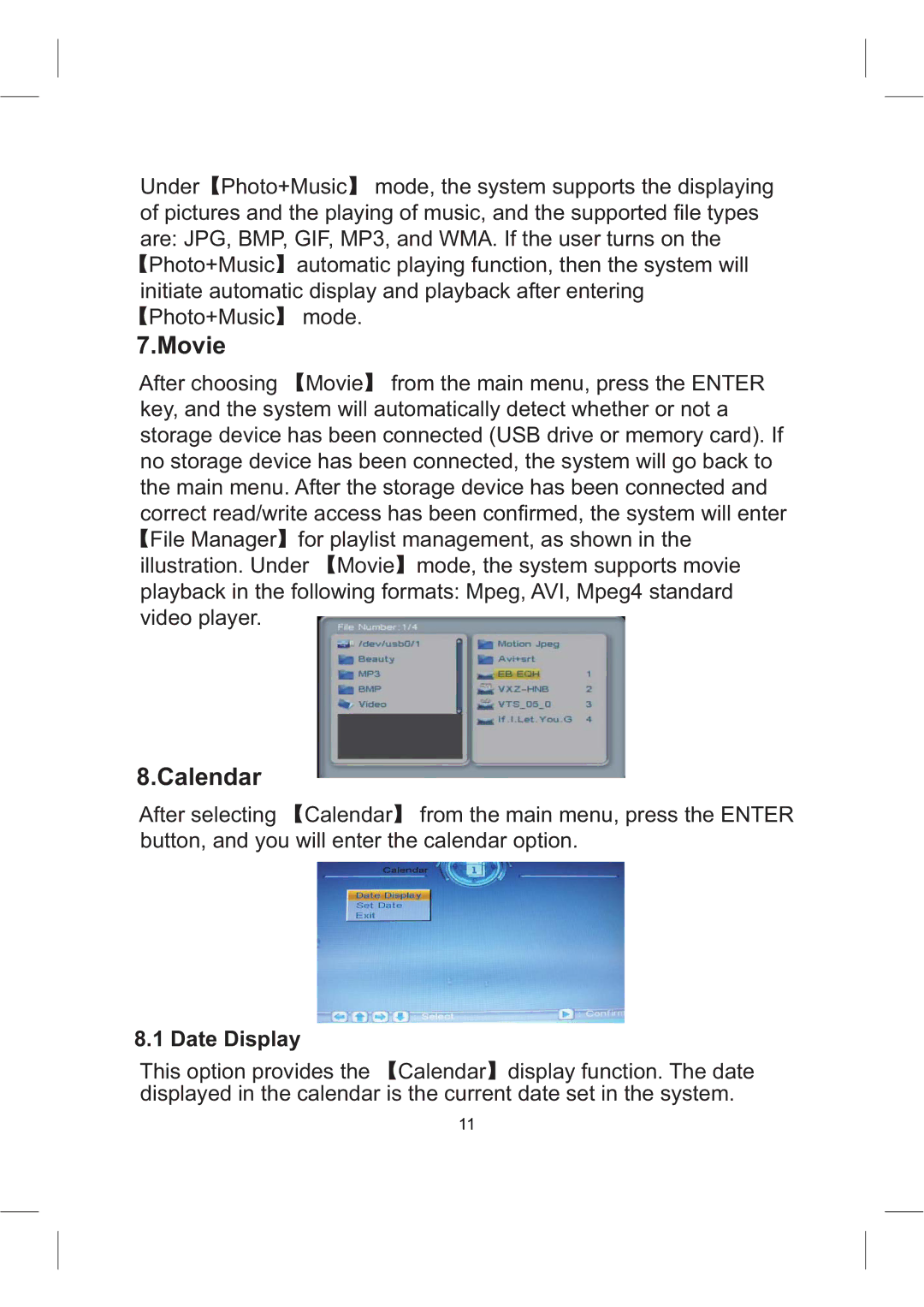 Sylvania SDPF1008 user manual Movie, Calendar, Date Display 