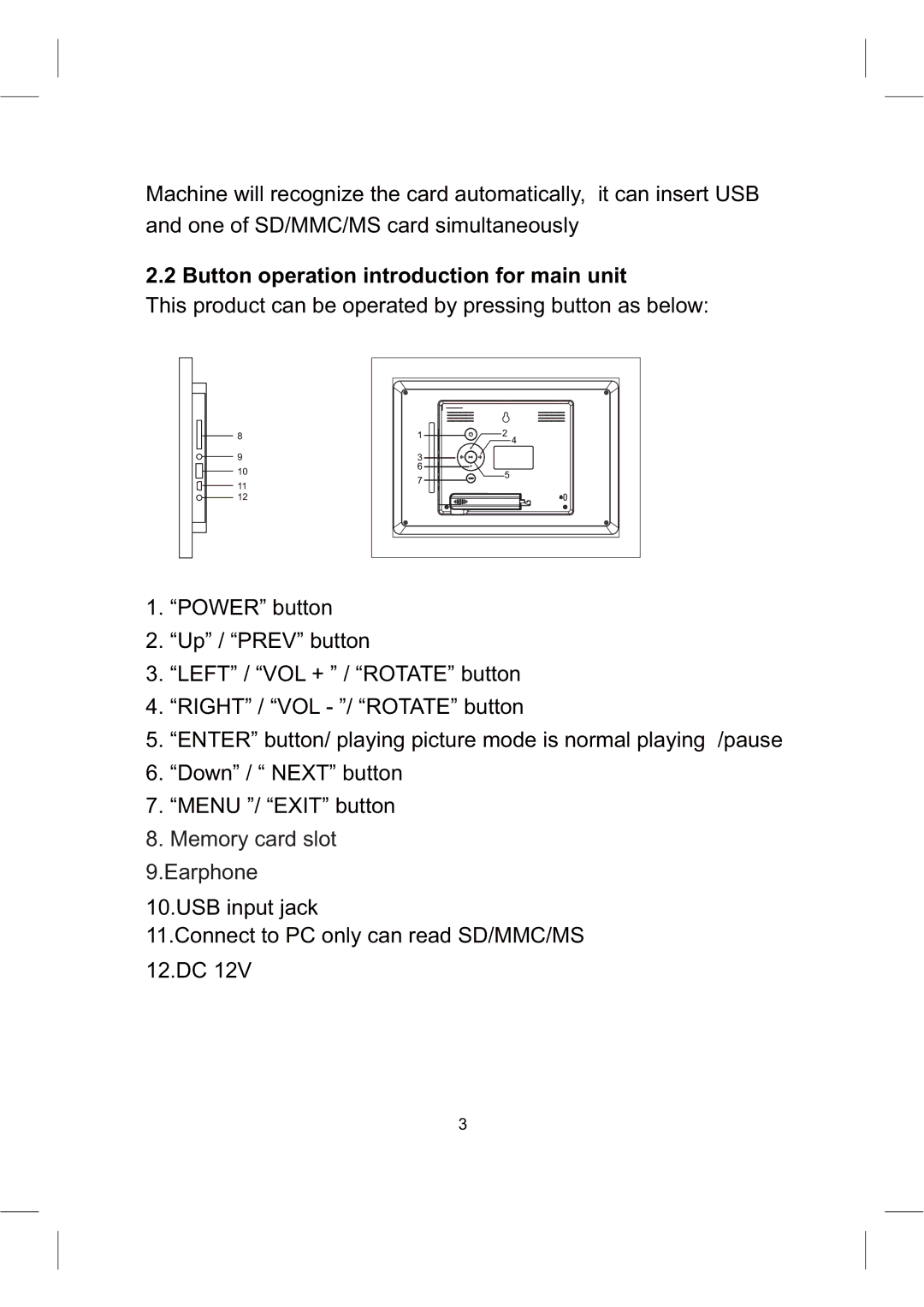 Sylvania SDPF1008 user manual Button operation introduction for main unit 