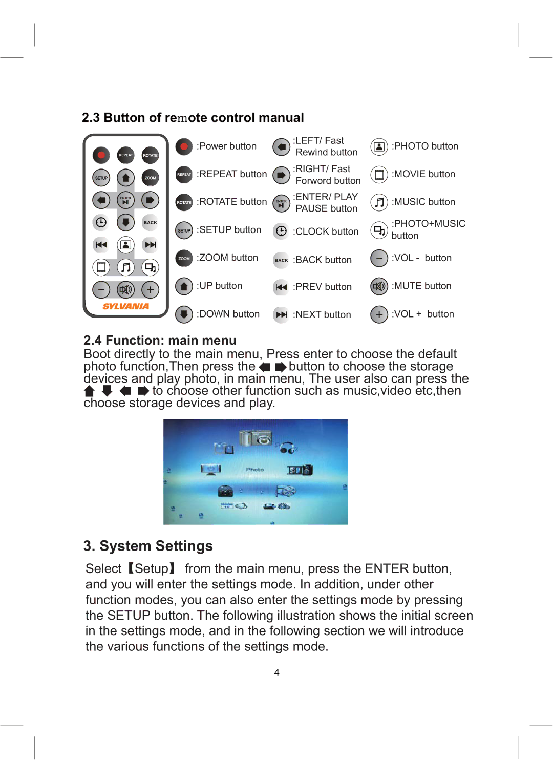 Sylvania SDPF1008 user manual System Settings, Function main menu 