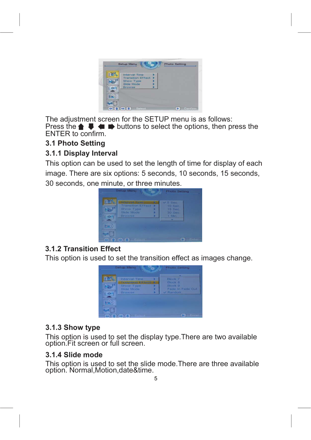 Sylvania SDPF1008 user manual Photo Setting Display Interval, Transition Effect, Show type, Slide mode 