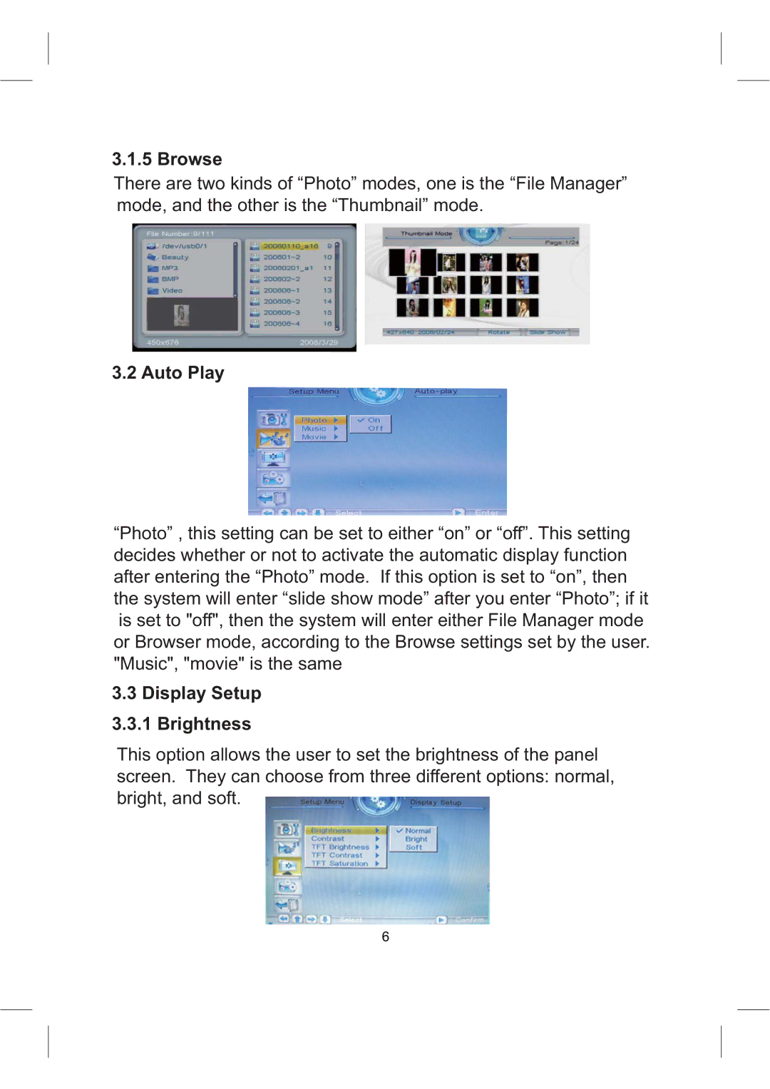 Sylvania SDPF1008 user manual Browse, Auto Play, Display Setup 3.3.1 Brightness 