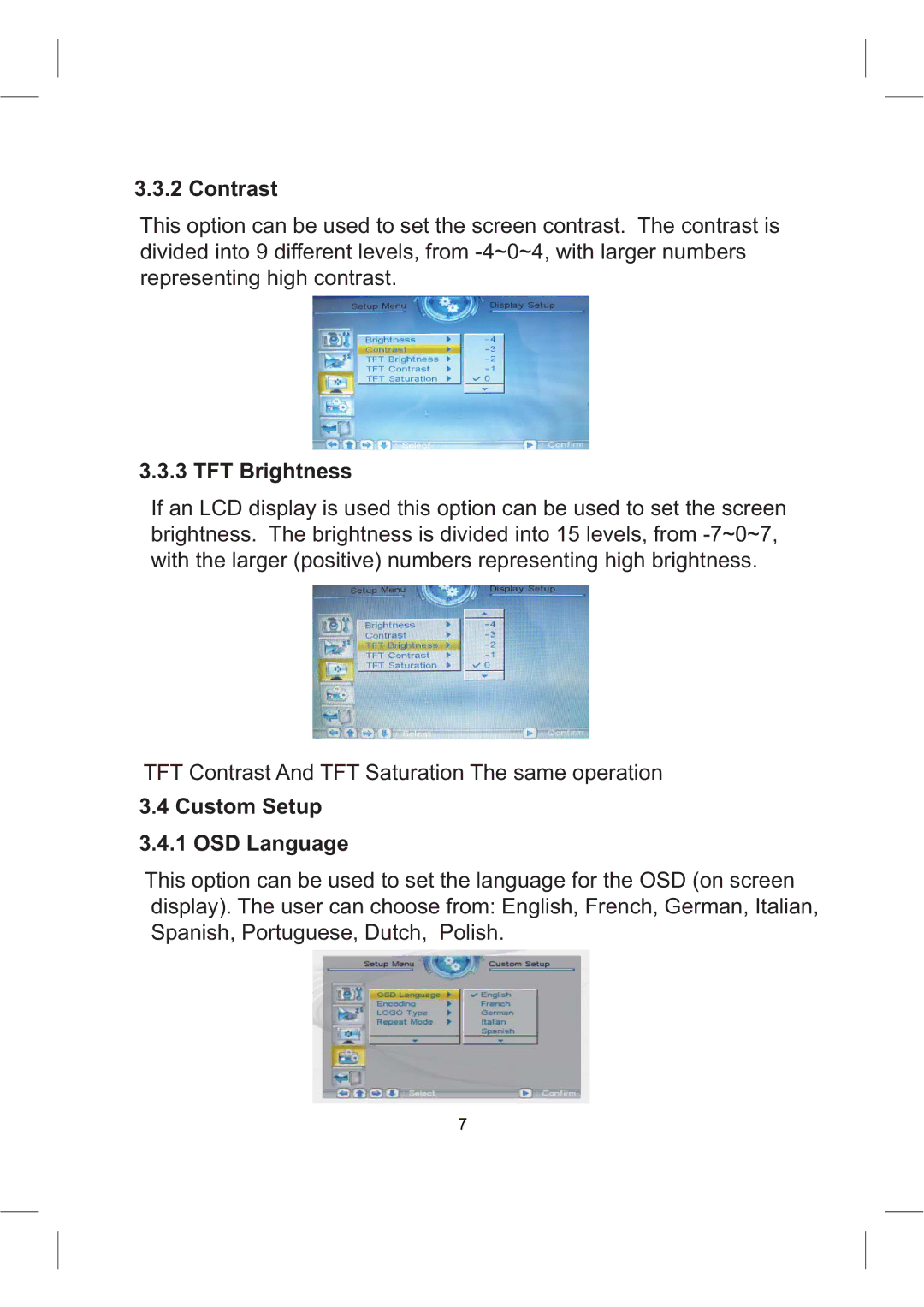 Sylvania SDPF1008 user manual Contrast, TFT Brightness 