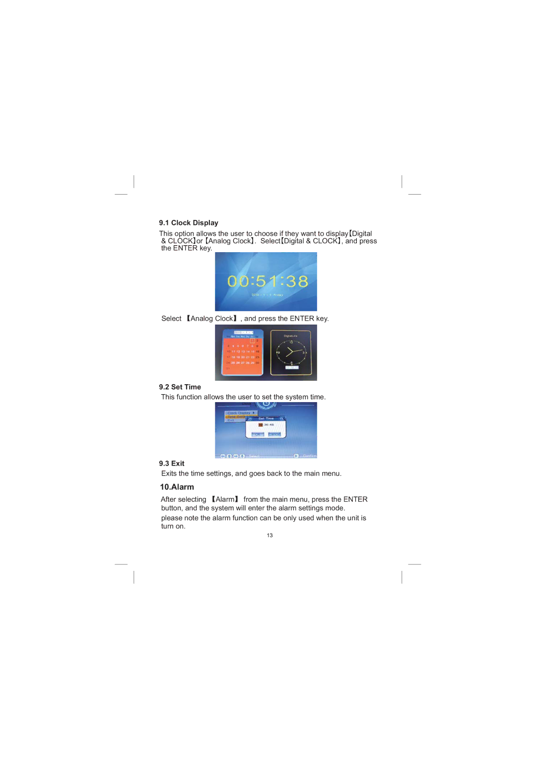 Sylvania SDPF1033 user manual Alarm, Clock Display, Set Time 