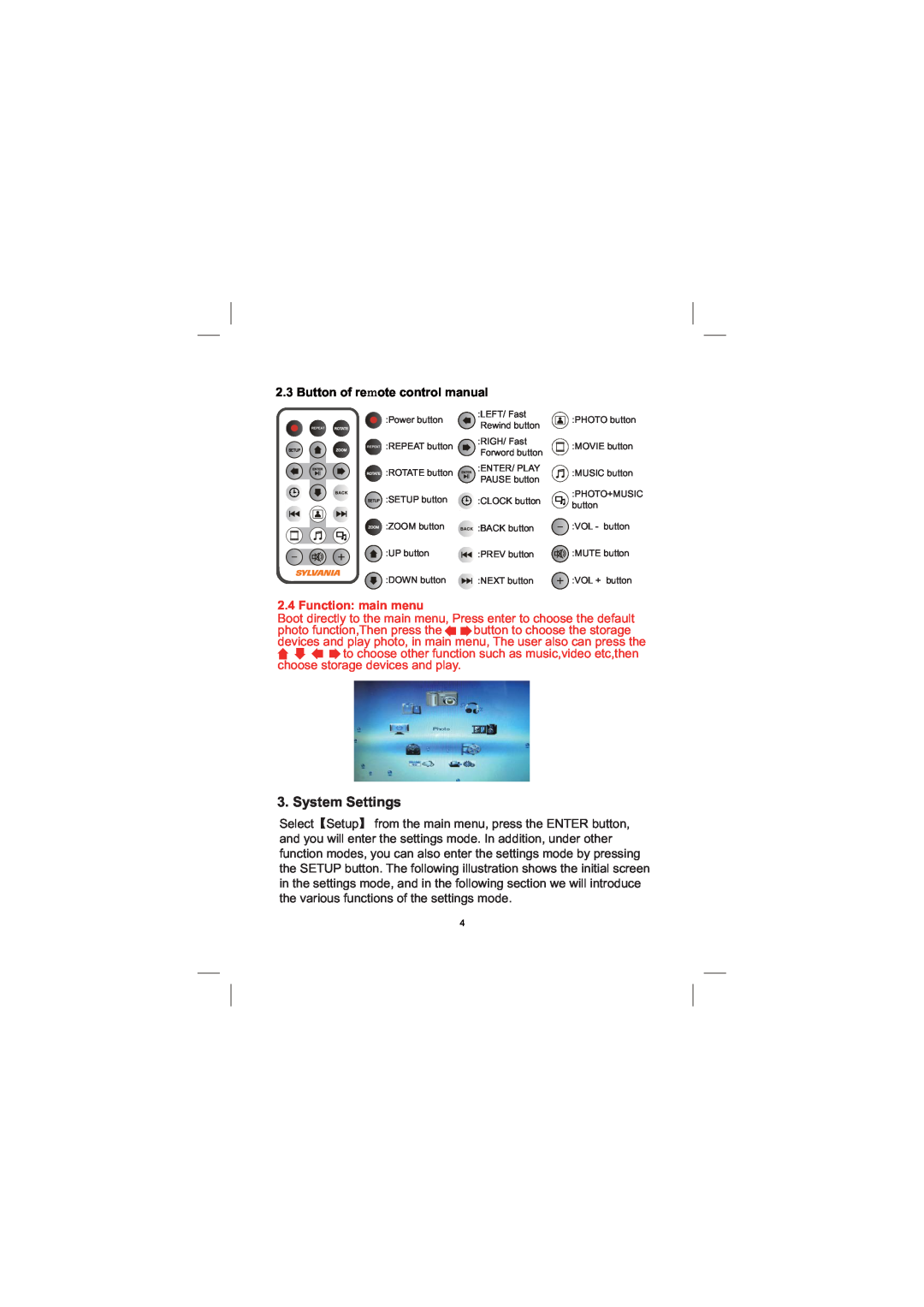 Sylvania SDPF1033 user manual System Settings, Button of remote control manual, Function main menu 