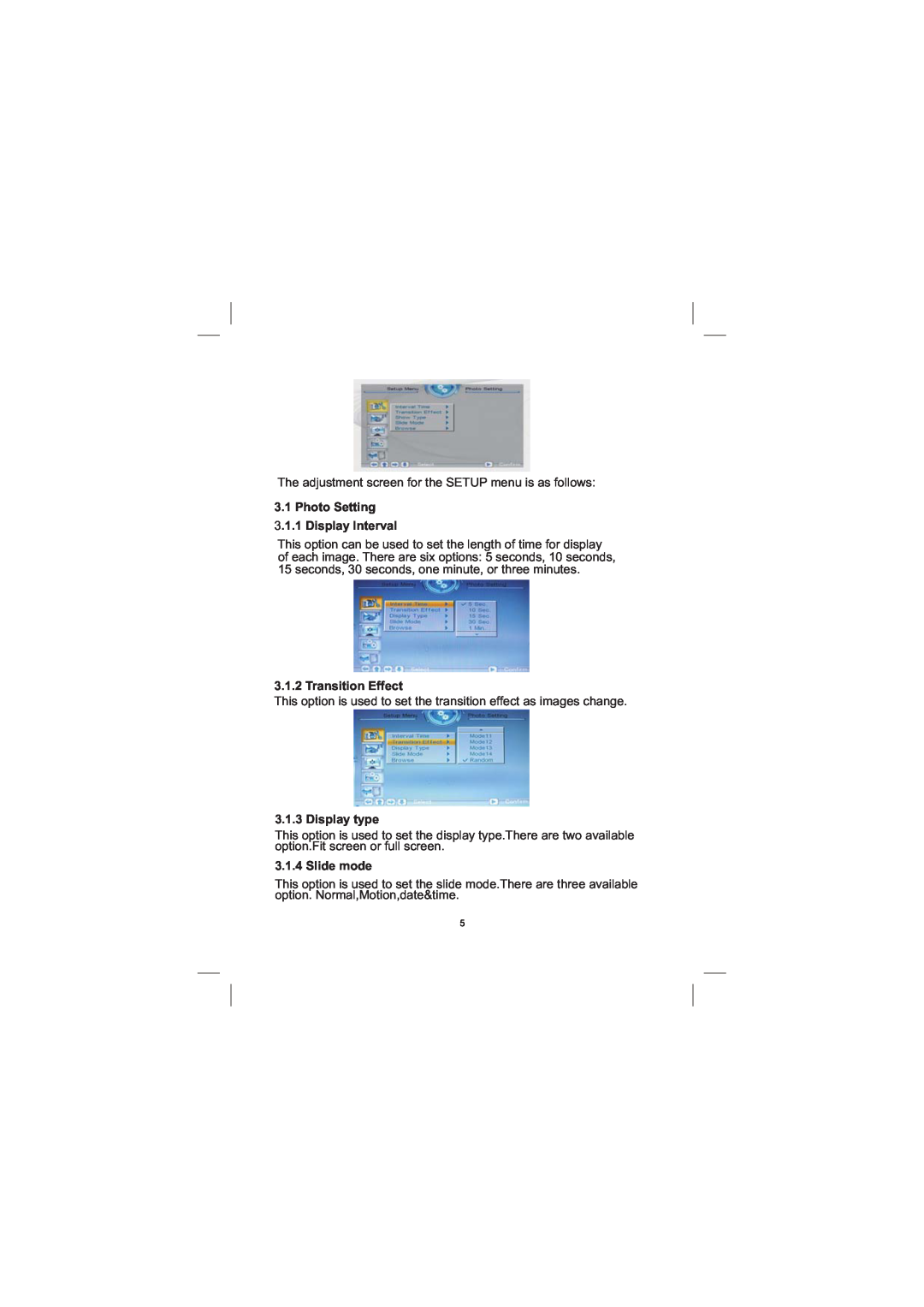 Sylvania SDPF1033 user manual Photo Setting 3.1.1 Display Interval, Transition Effect, Display type, Slide mode 