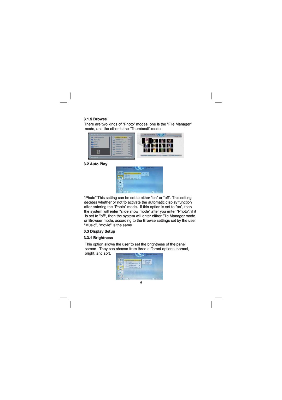Sylvania SDPF1033 user manual Browse, Auto Play, Display Setup 3.3.1 Brightness 