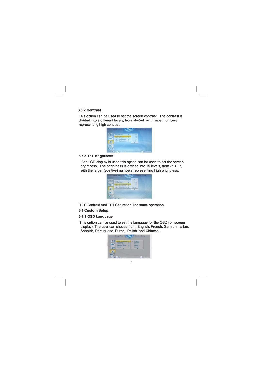 Sylvania SDPF1033 user manual Contrast, TFT Brightness, Custom Setup 3.4.1 OSD Language 