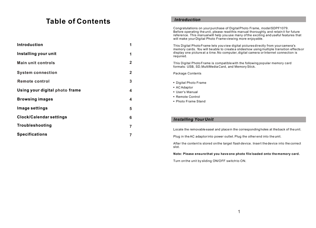 Sylvania SDPF1079 manual Table of Contents 