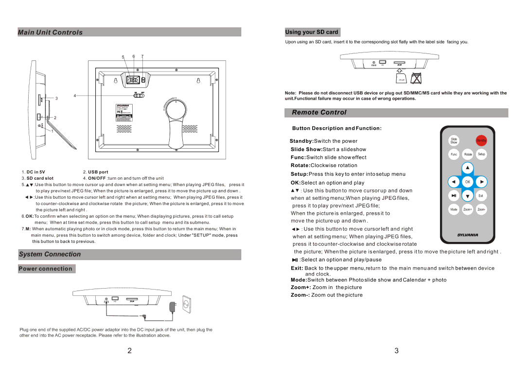 Sylvania SDPF1079 manual Remote Control, Button Description and Function 