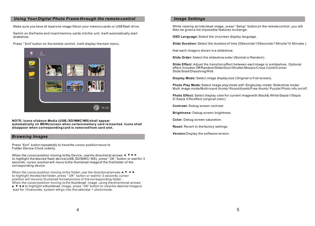 Sylvania SDPF1079 manual Using Your Digital Photo Frame through the remote control, Browsing Images, Image Settings 