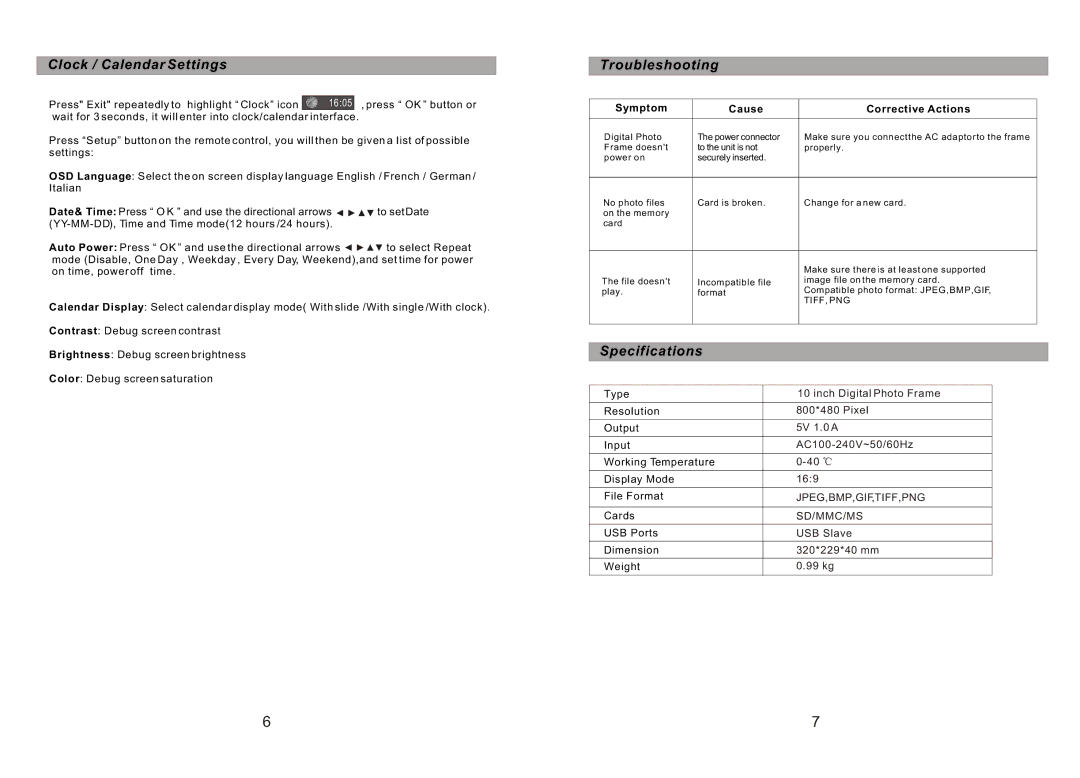 Sylvania SDPF1079 manual Clock / Calendar Settings, Troubleshooting, Specifications, Symptom Cause Corrective Actions 