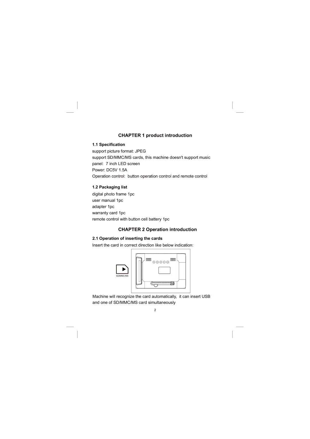 Sylvania SDPF733 user manual Specification, Packaging list, Operation of inserting the cards 