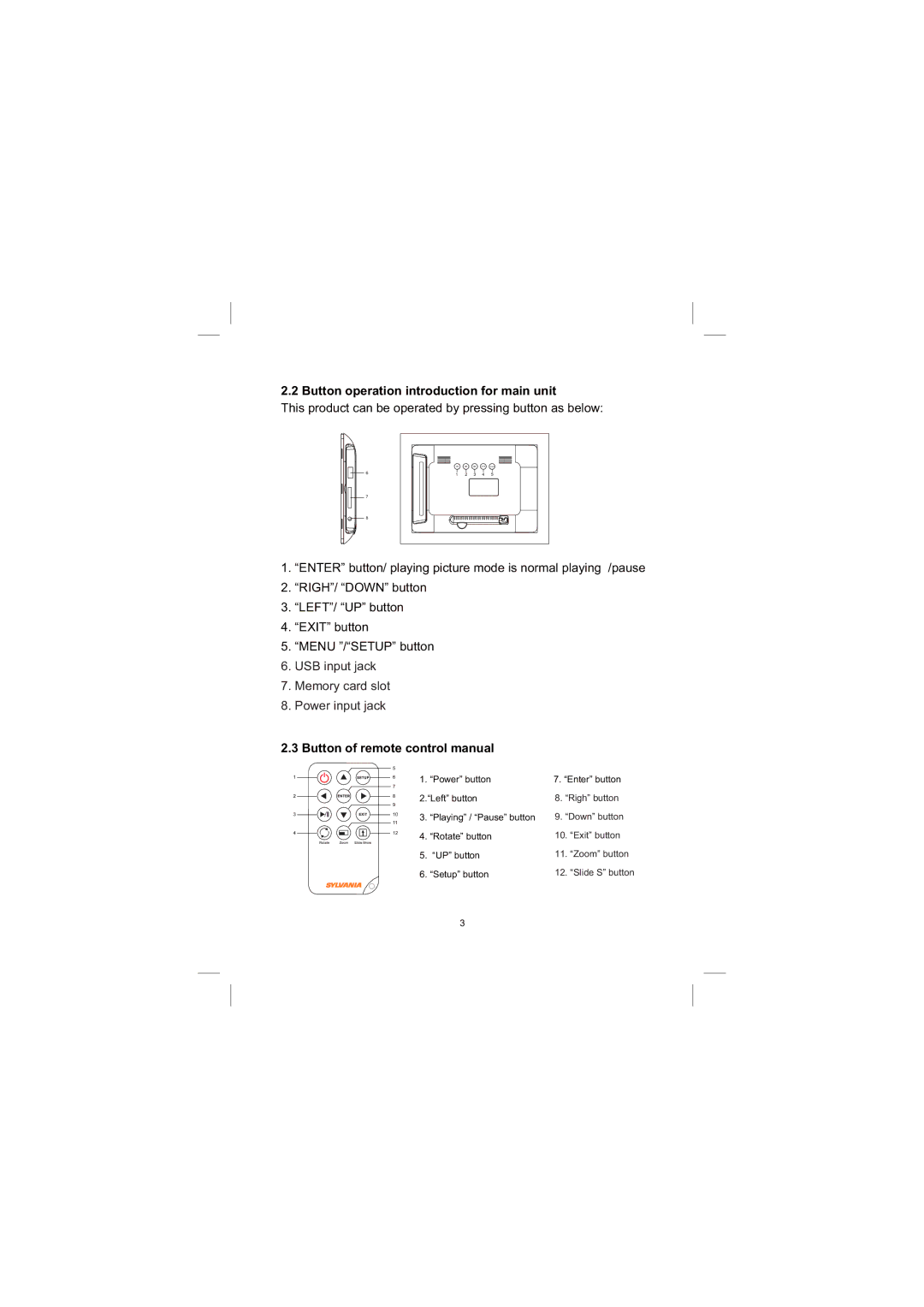 Sylvania SDPF733 user manual Button operation introduction for main unit, Button of remote control manual 