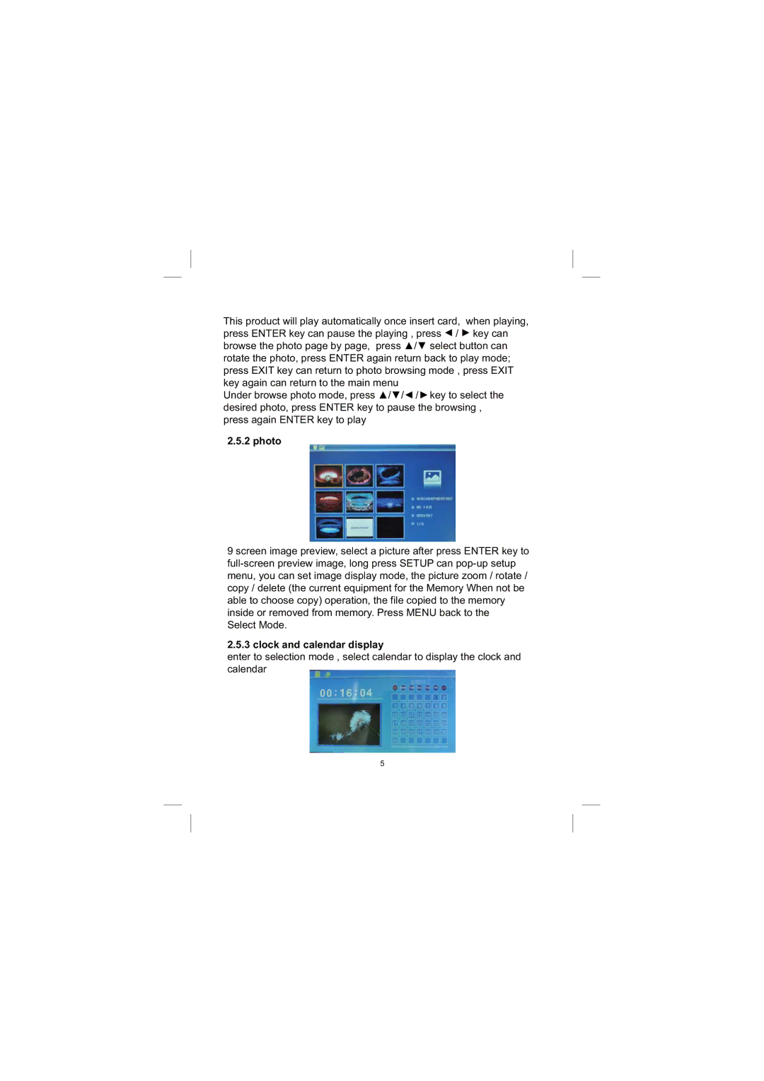 Sylvania SDPF733 user manual Photo, Clock and calendar display 