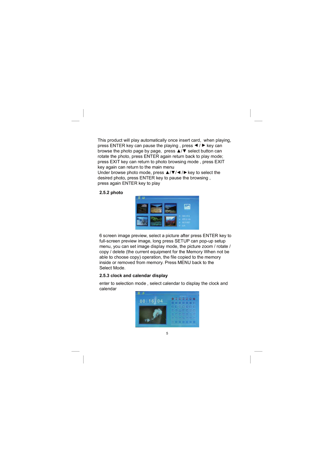 Sylvania SDPF751 user manual Photo, Clock and calendar display 