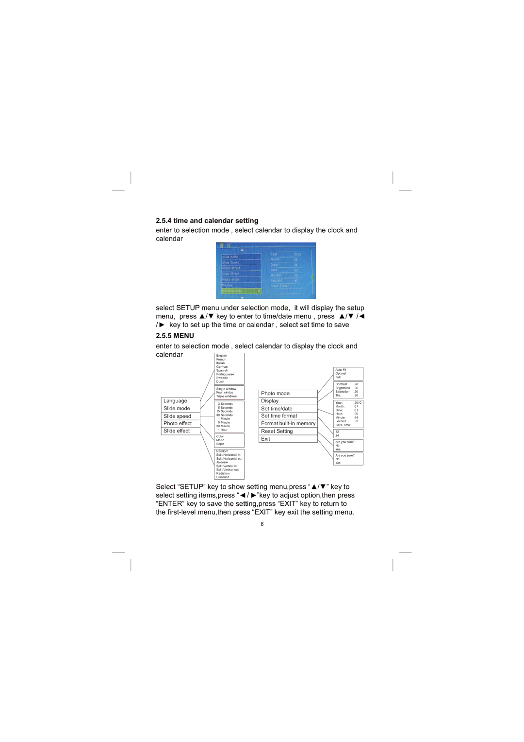 Sylvania SDPF751 user manual Time and calendar setting, Menu 