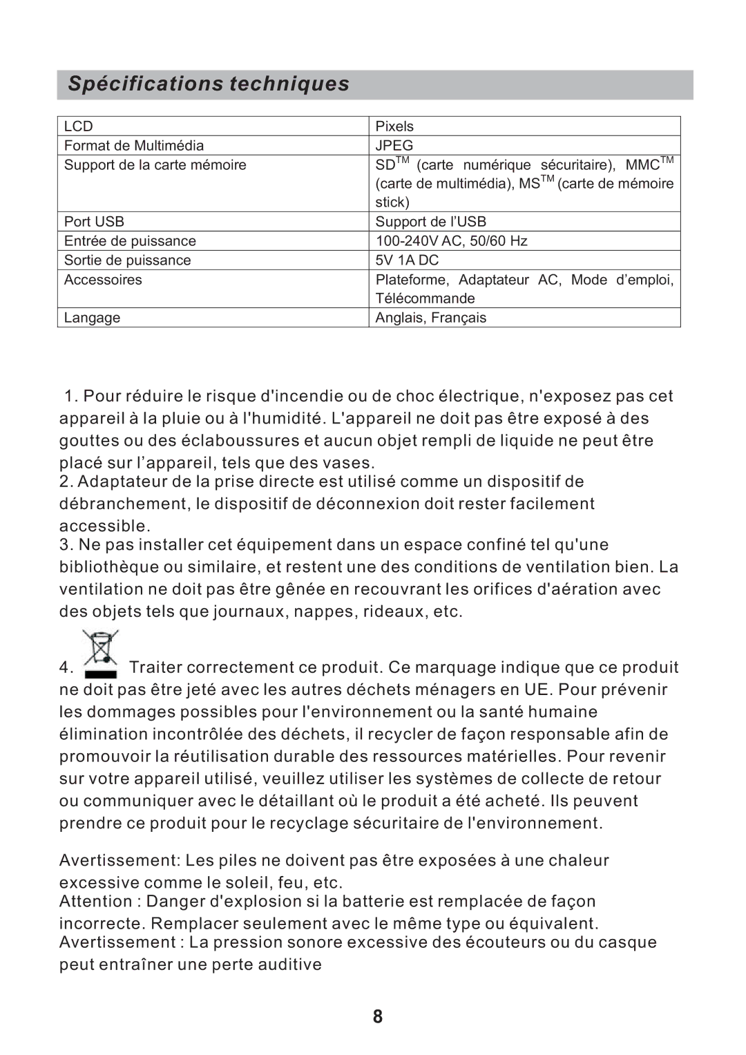 Sylvania SDPF751B user manual Spécifications techniques, Jpeg 