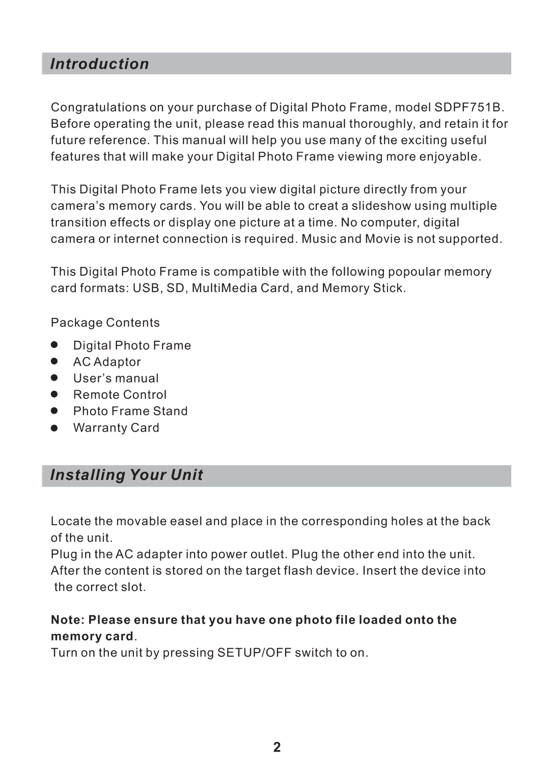 Sylvania SDPF751B user manual Introduction, Installing Your Unit 