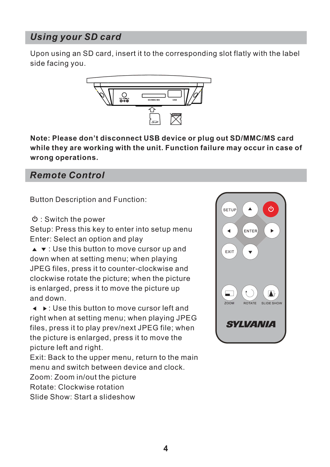 Sylvania SDPF751B user manual Using your SD card, Remote Control 