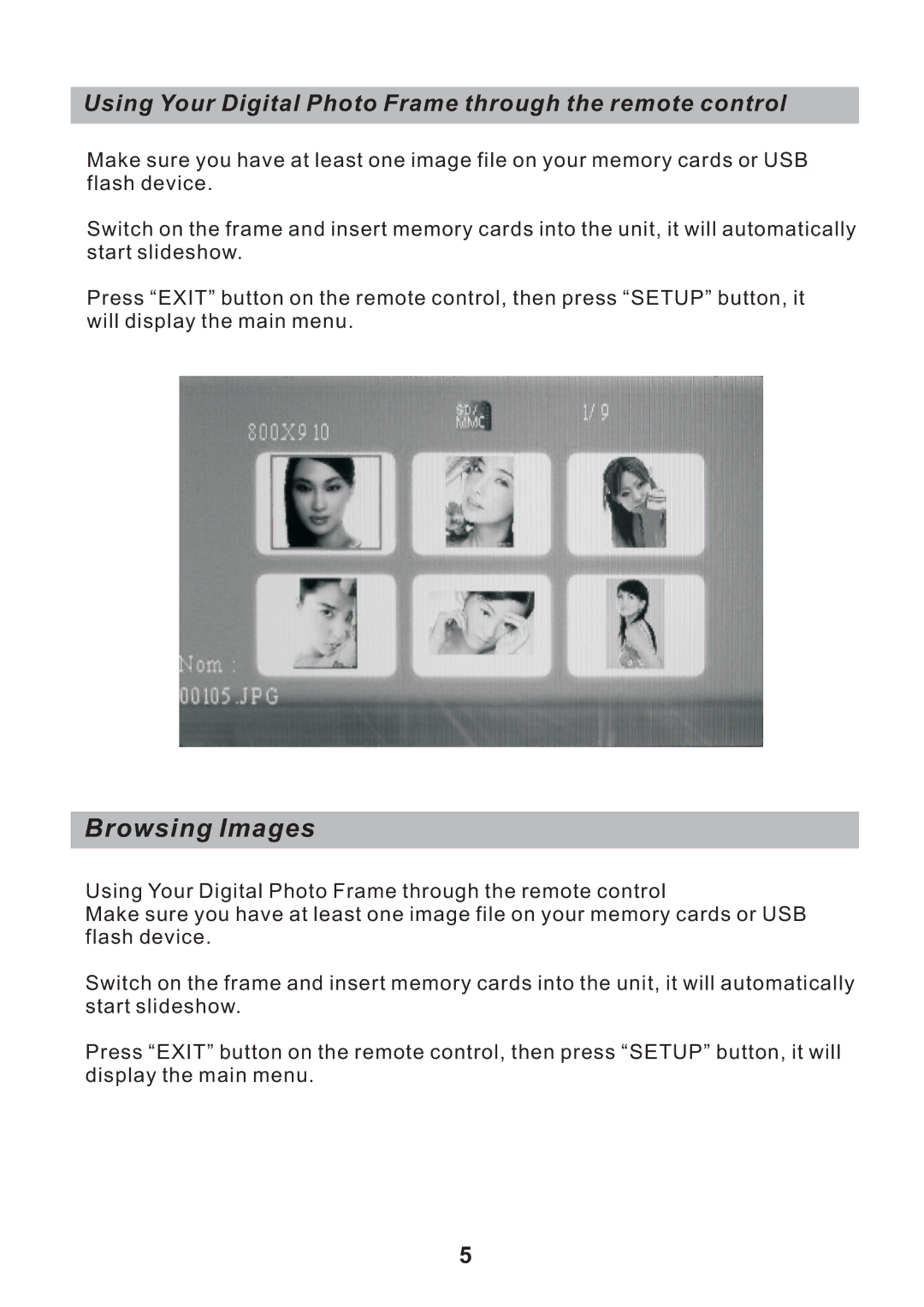 Sylvania SDPF751B user manual Browsing Images, Using Your Digital Photo Frame through the remote control 