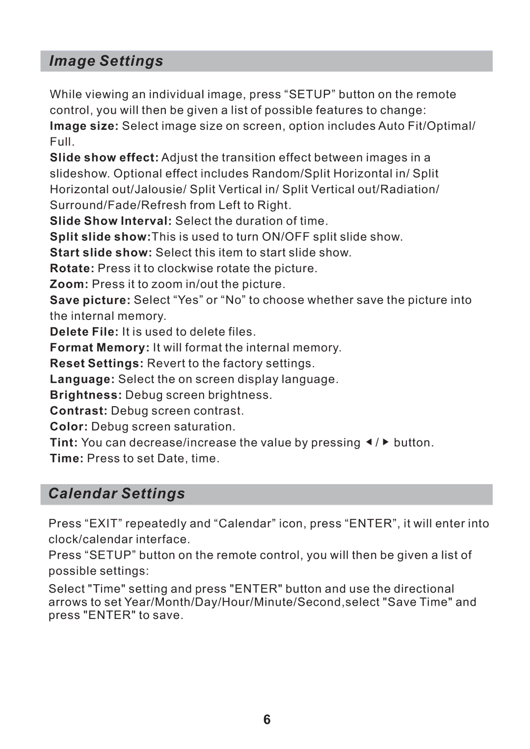 Sylvania SDPF751B user manual Image Settings, Calendar Settings 