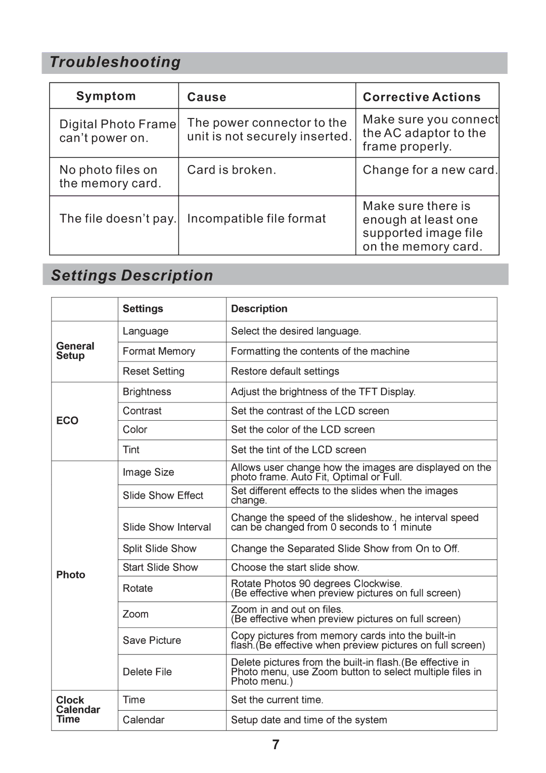 Sylvania SDPF751B user manual Troubleshooting, Settings Description 