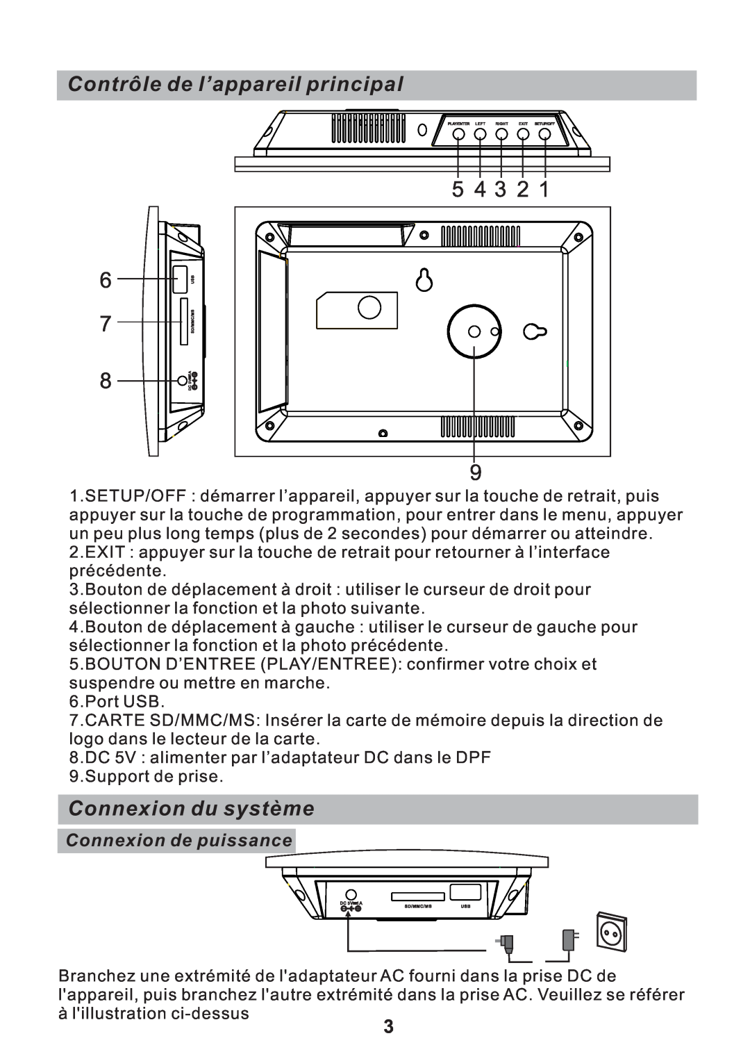 Sylvania SDPF751B user manual Contrôle de l’appareil principal, Connexion du système, Connexion de puissance 