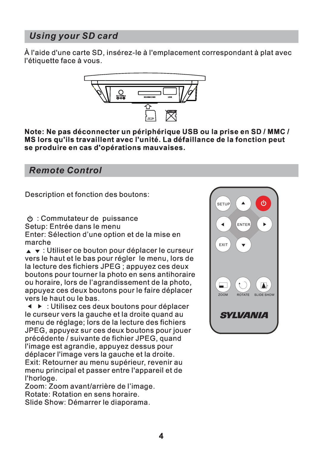 Sylvania SDPF751B user manual Using your SD card, Remote Control, Description et fonction des boutons 