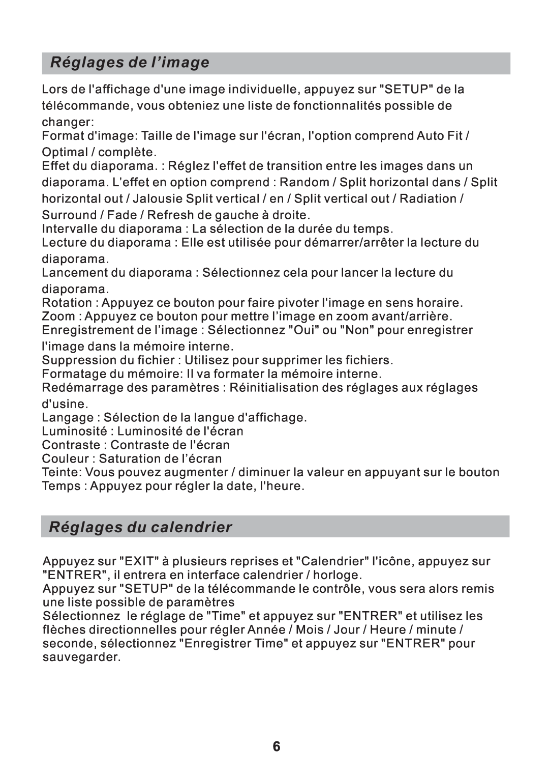 Sylvania SDPF751B user manual Réglages de l’image, Réglages du calendrier 