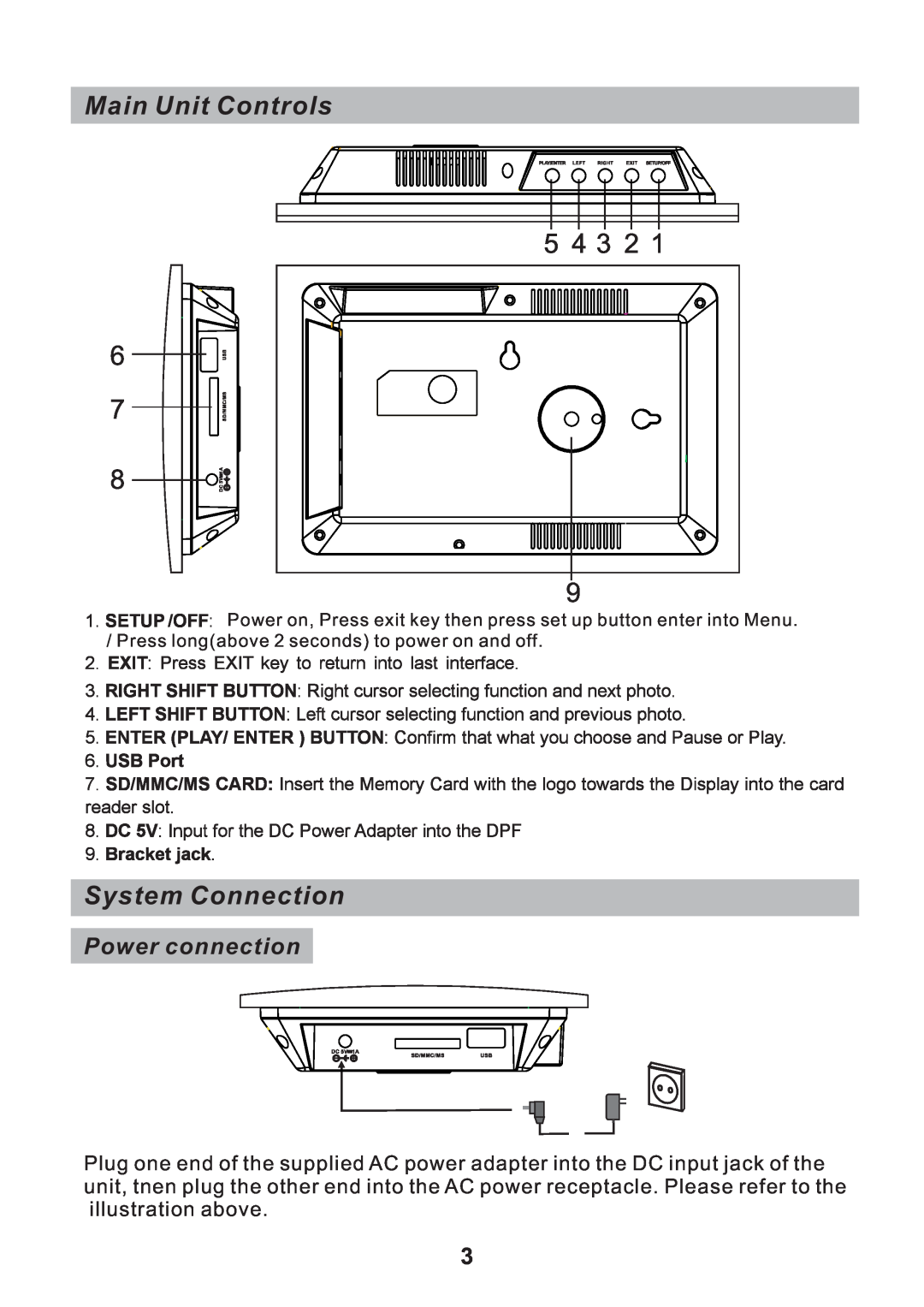 Sylvania SDPF751B user manual Main Unit Controls, System Connection, Power connection 