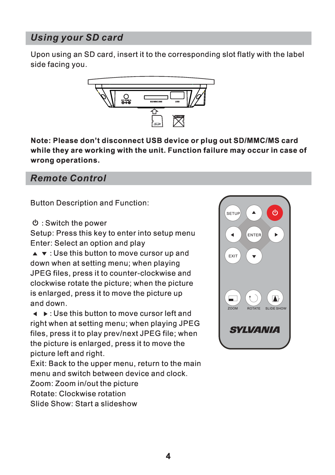 Sylvania SDPF751B user manual Using your SD card, Remote Control 