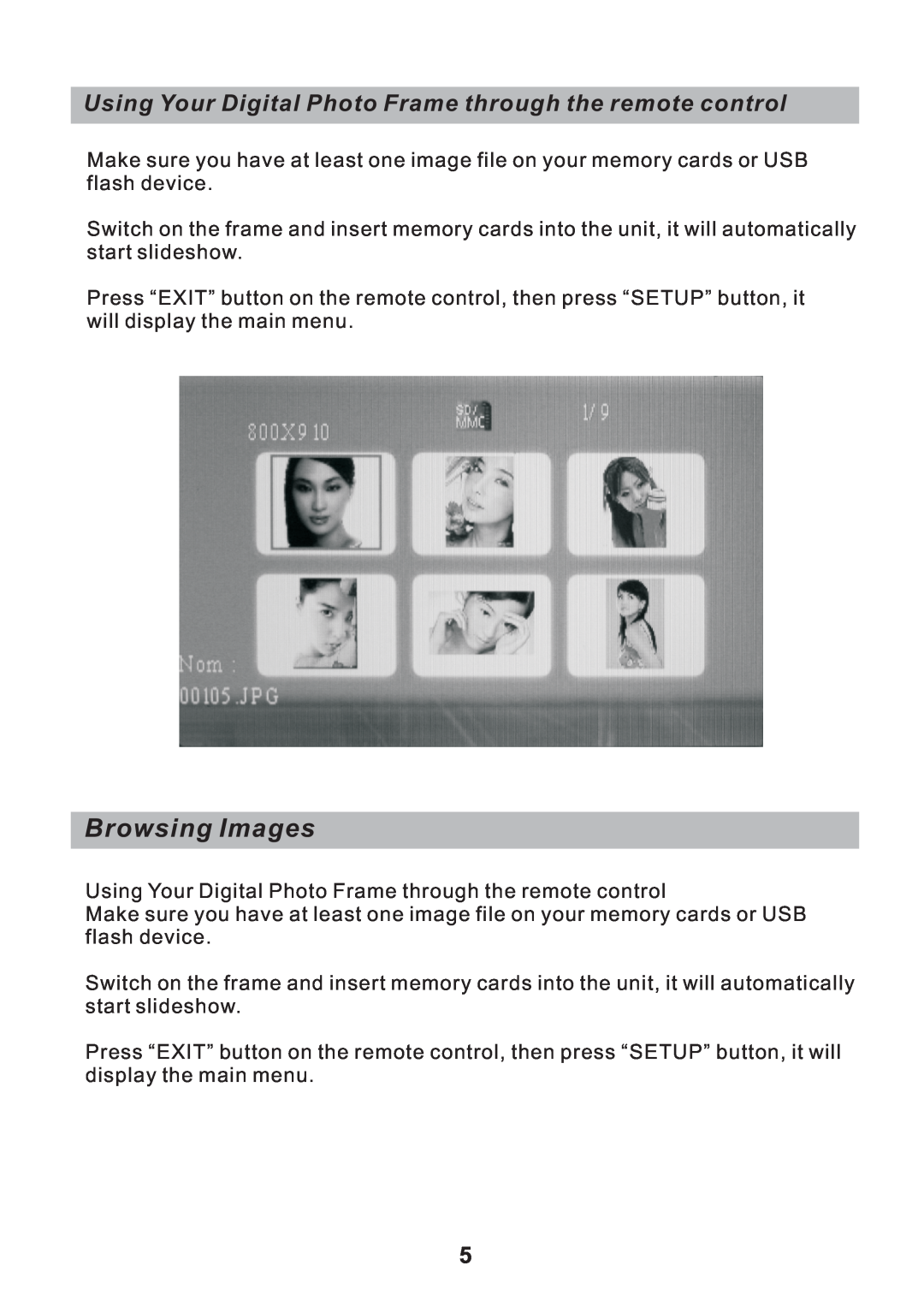 Sylvania SDPF751B user manual Browsing Images, Using Your Digital Photo Frame through the remote control 