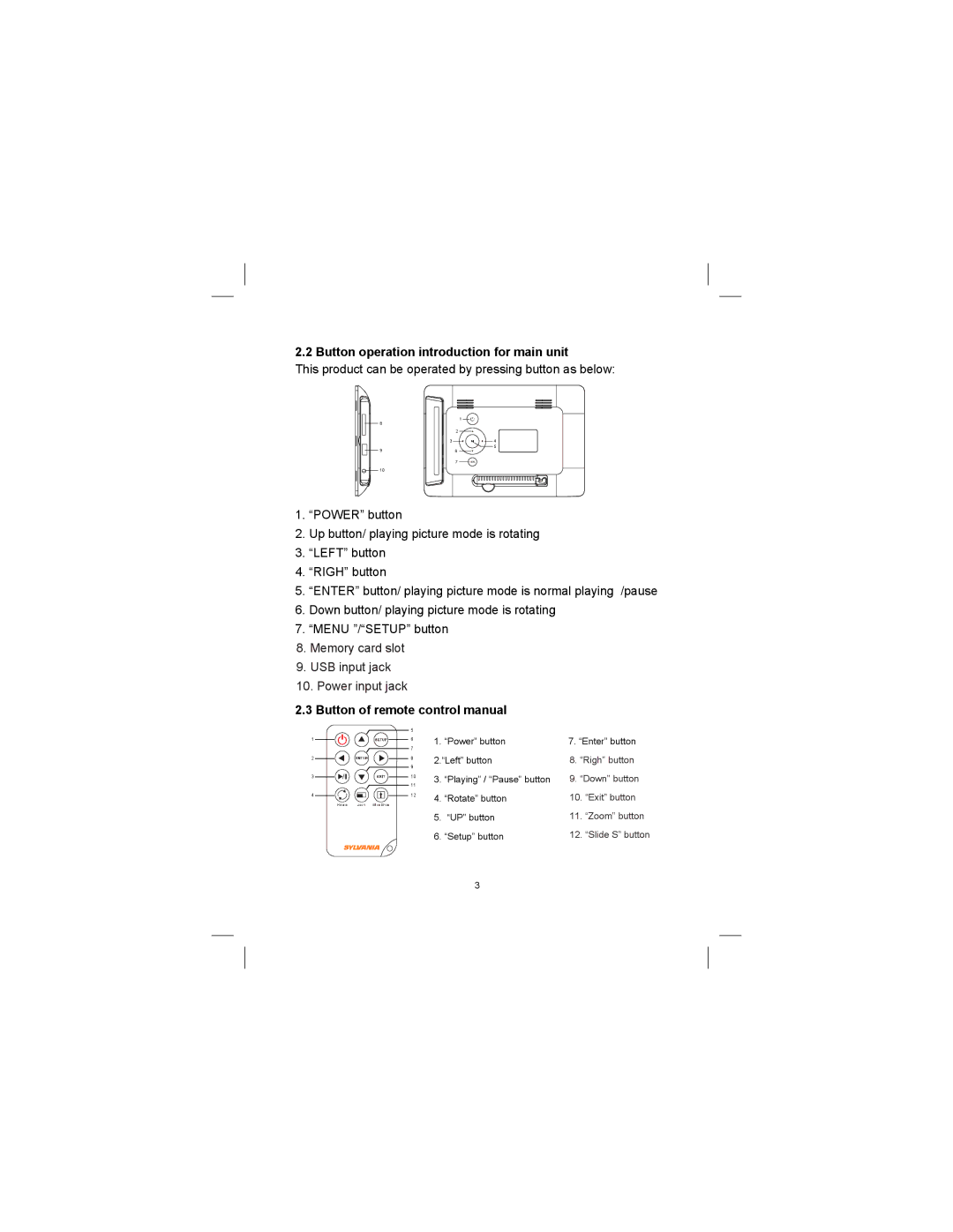 Sylvania SDPF752 user manual Button operation introduction for main unit, Memory card slot USB input jack Power input jack 