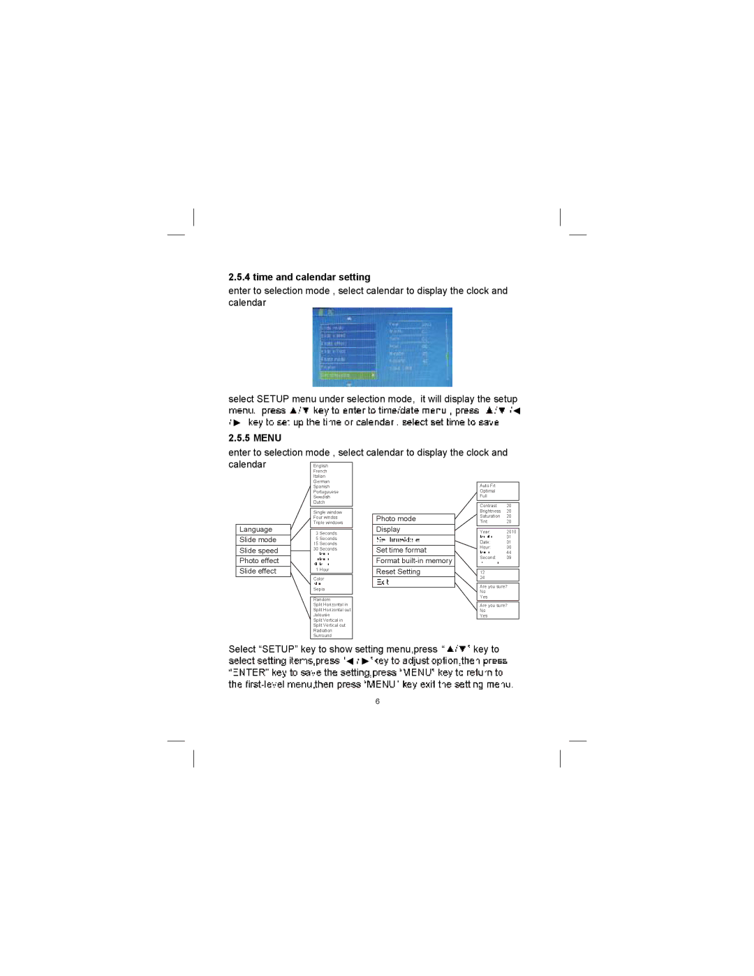 Sylvania SDPF752 user manual Time and calendar setting, Menu, Calendar, Select Setup key to show setting menu,press key to 