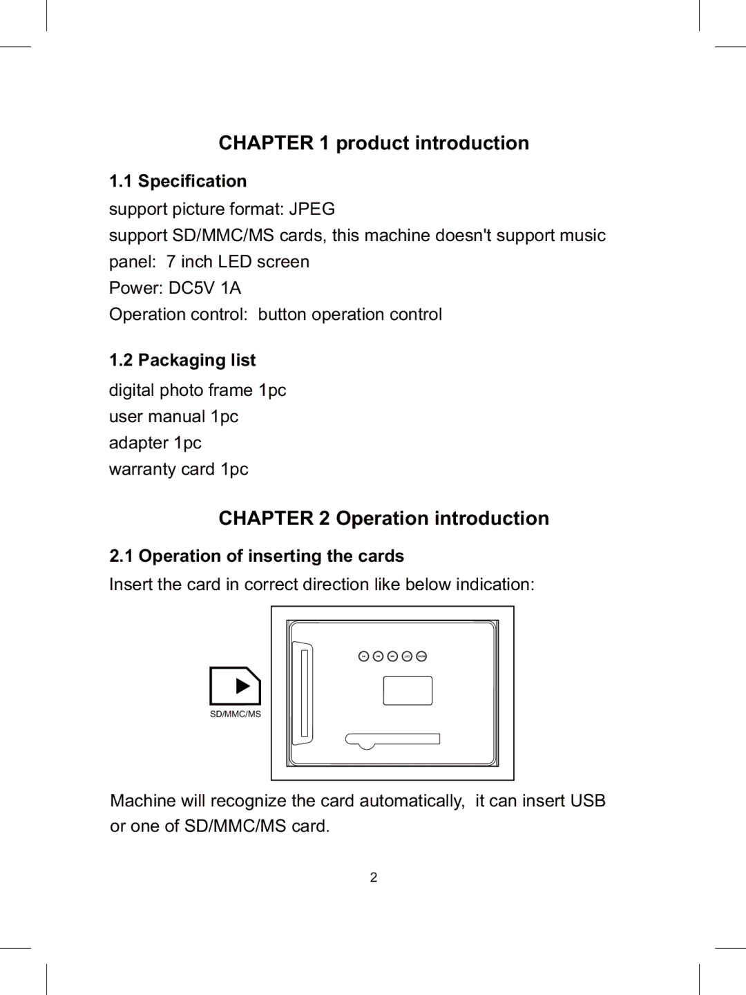 Sylvania SDPF785 user manual Product introduction, Operation introduction, Specification, Packaging list 