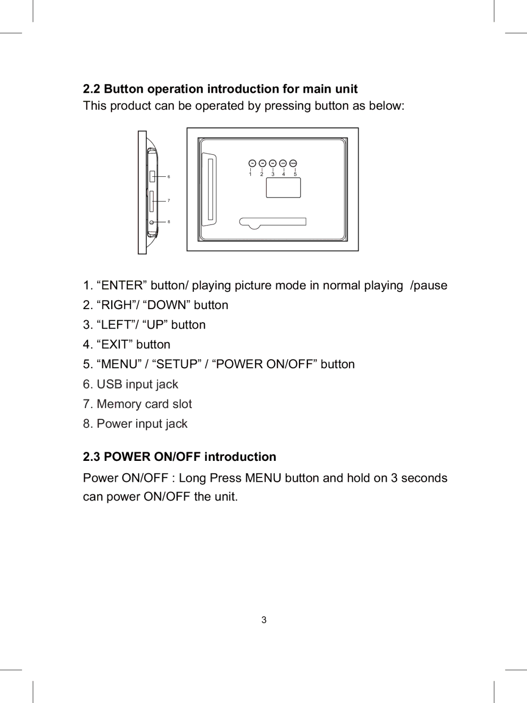 Sylvania SDPF785 user manual Button operation introduction for main unit, Power ON/OFF introduction 