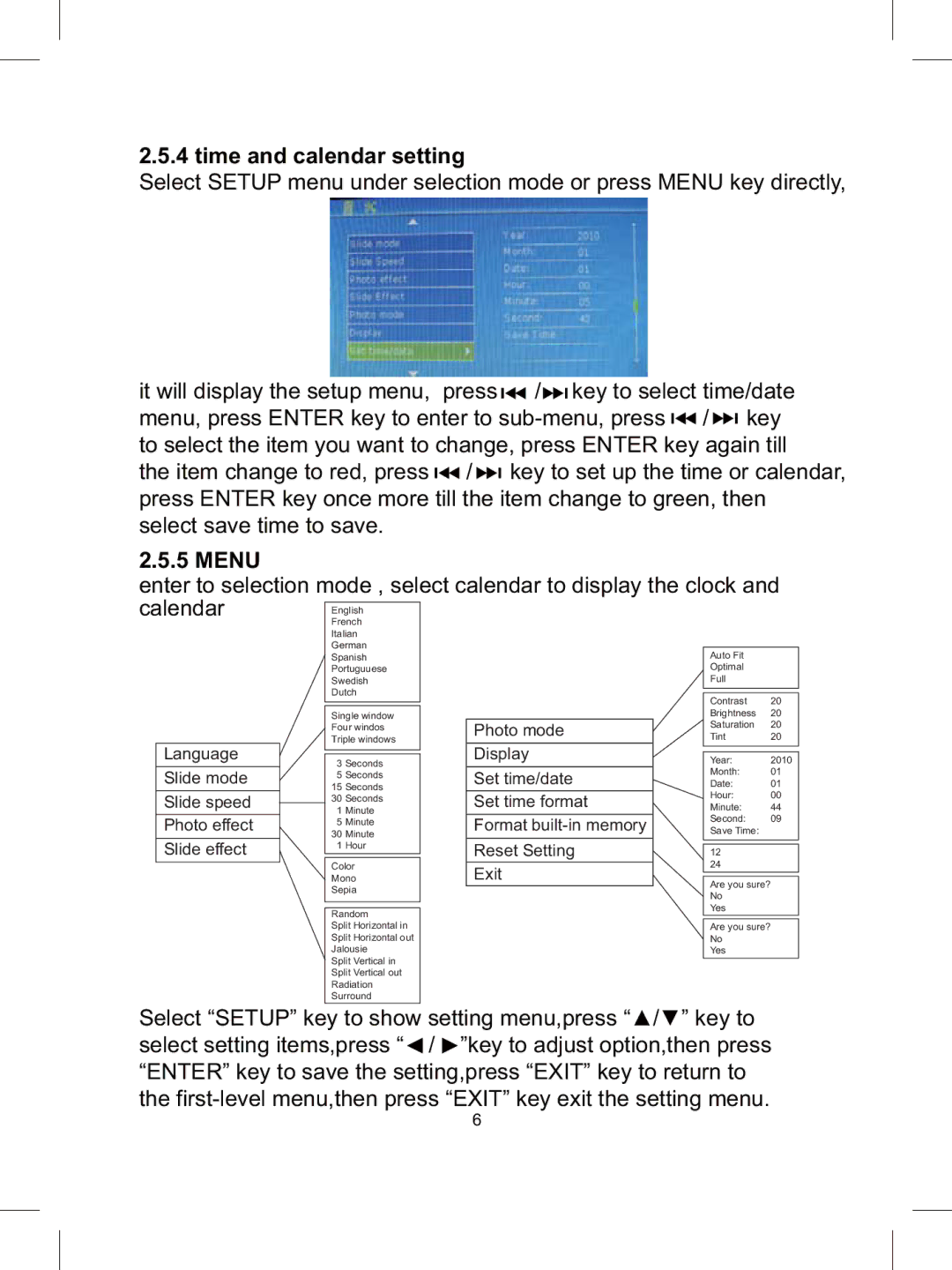 Sylvania SDPF785 user manual Time and calendar setting, Menu 