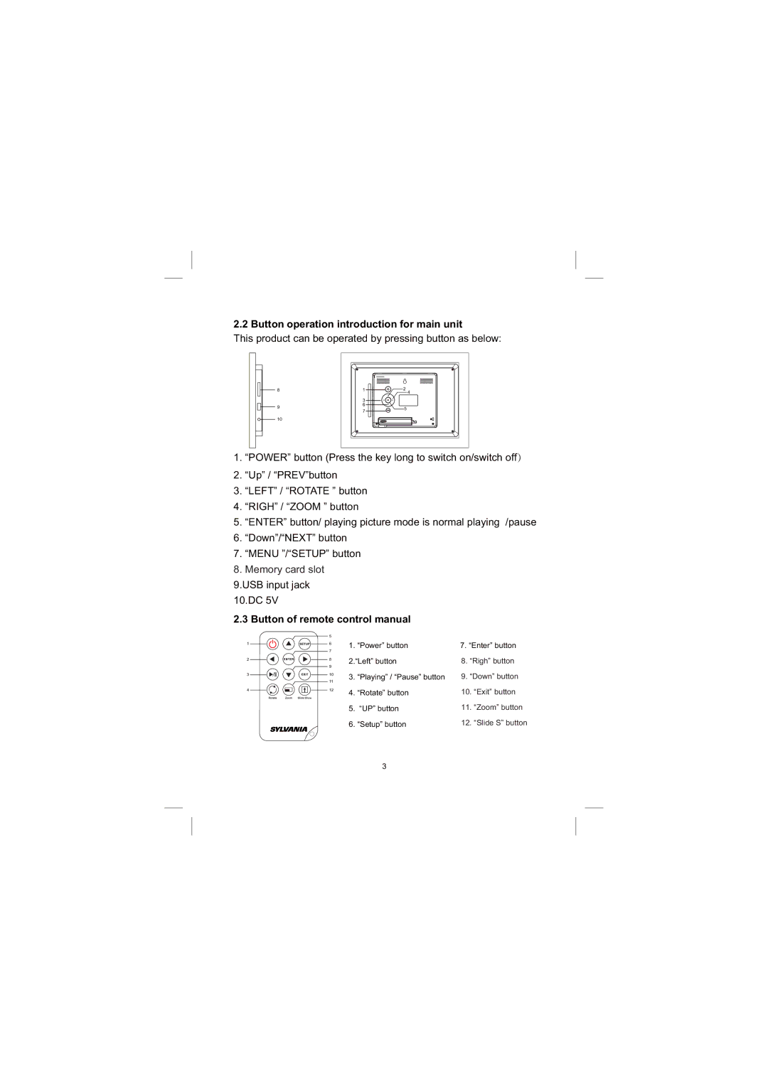 Sylvania SDPF833 user manual Button operation introduction for main unit, Button of remote control manual 